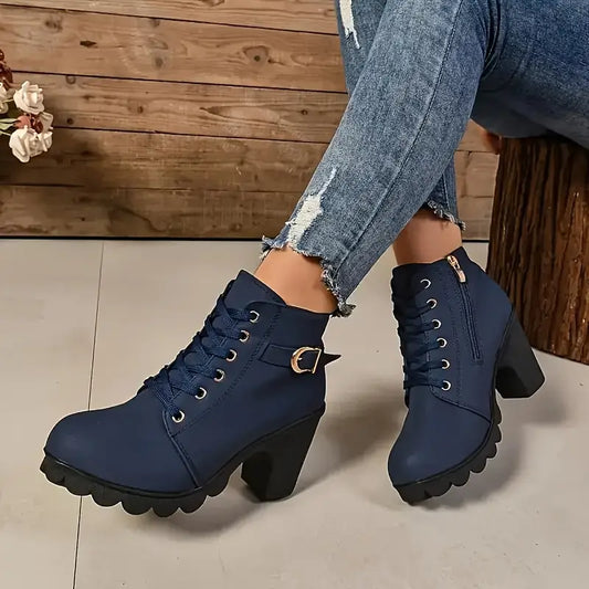 Women’s Chunky Heel Ankle Boots – Lace-Up with Side Zipper
