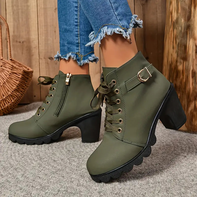 Women’s Chunky Heel Ankle Boots – Lace-Up with Side Zipper