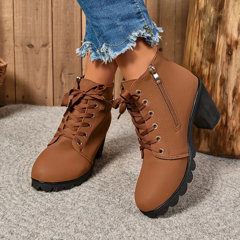 Women’s Chunky Heel Ankle Boots – Lace-Up with Side Zipper