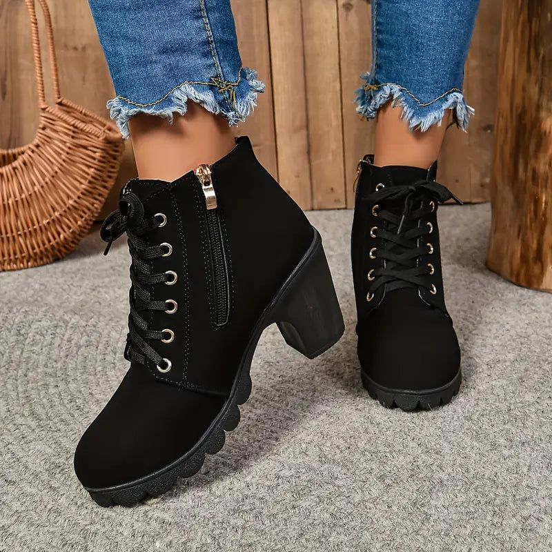 Women’s Chunky Heel Ankle Boots – Lace-Up with Side Zipper