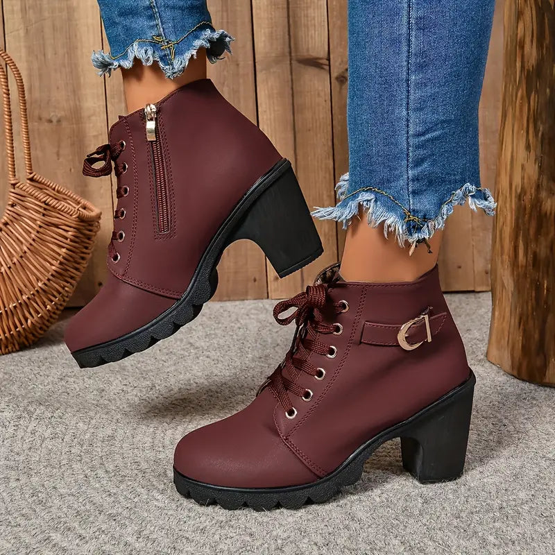 Women’s Chunky Heel Ankle Boots – Lace-Up with Side Zipper