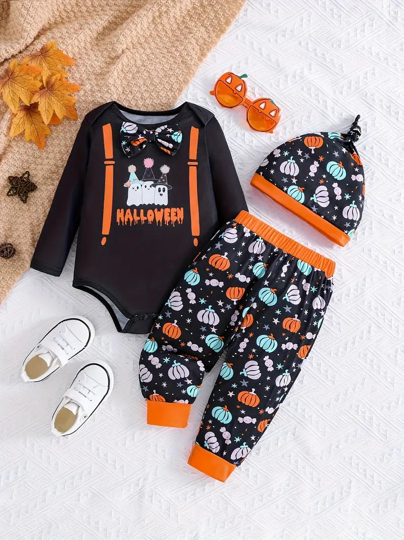 3-Piece Toddler Halloween Pumpkin Outfit – Colorful Print Long-Sleeve Onesie, Pants & Hat Set