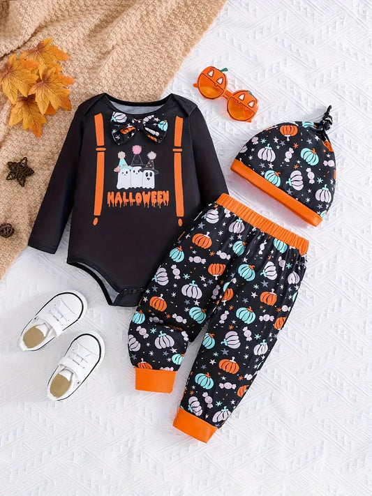 3-Piece Toddler Halloween Pumpkin Outfit – Colorful Print Long-Sleeve Onesie, Pants & Hat Set