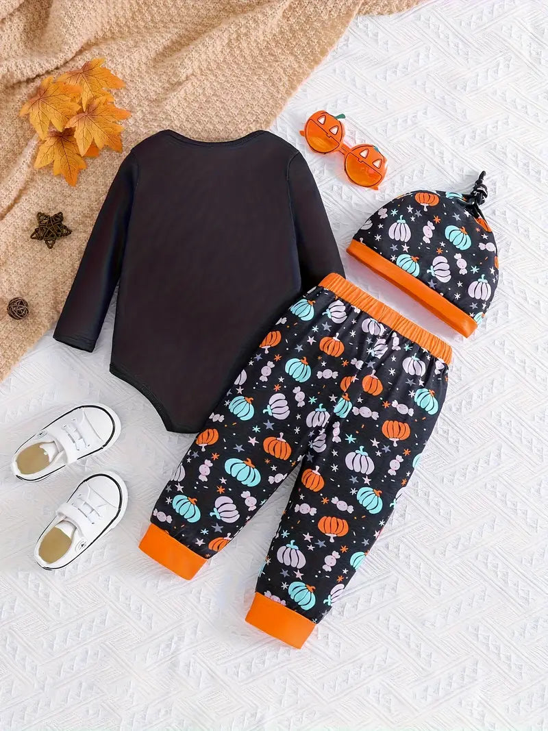 3-Piece Toddler Halloween Pumpkin Outfit – Colorful Print Long-Sleeve Onesie, Pants & Hat Set