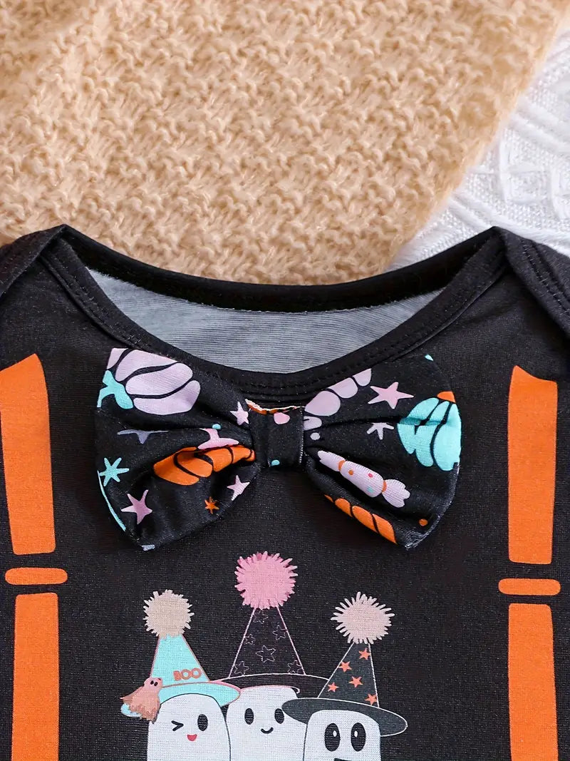 3-Piece Toddler Halloween Pumpkin Outfit – Colorful Print Long-Sleeve Onesie, Pants & Hat Set