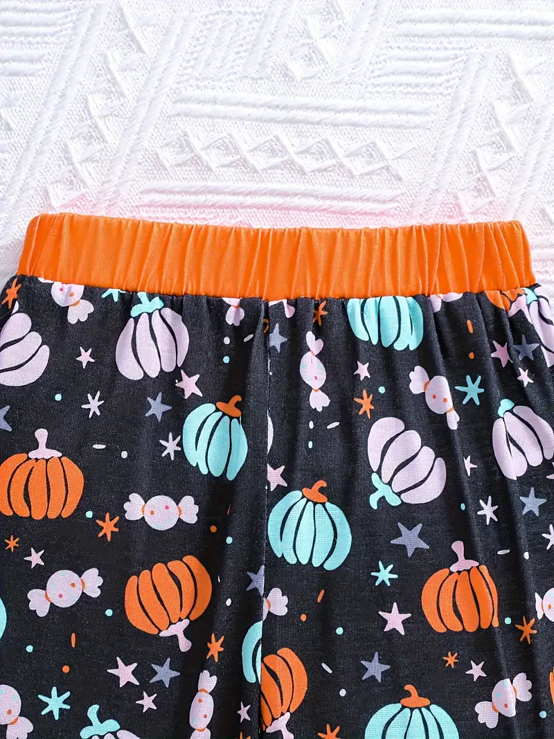 3-Piece Toddler Halloween Pumpkin Outfit – Colorful Print Long-Sleeve Onesie, Pants & Hat Set