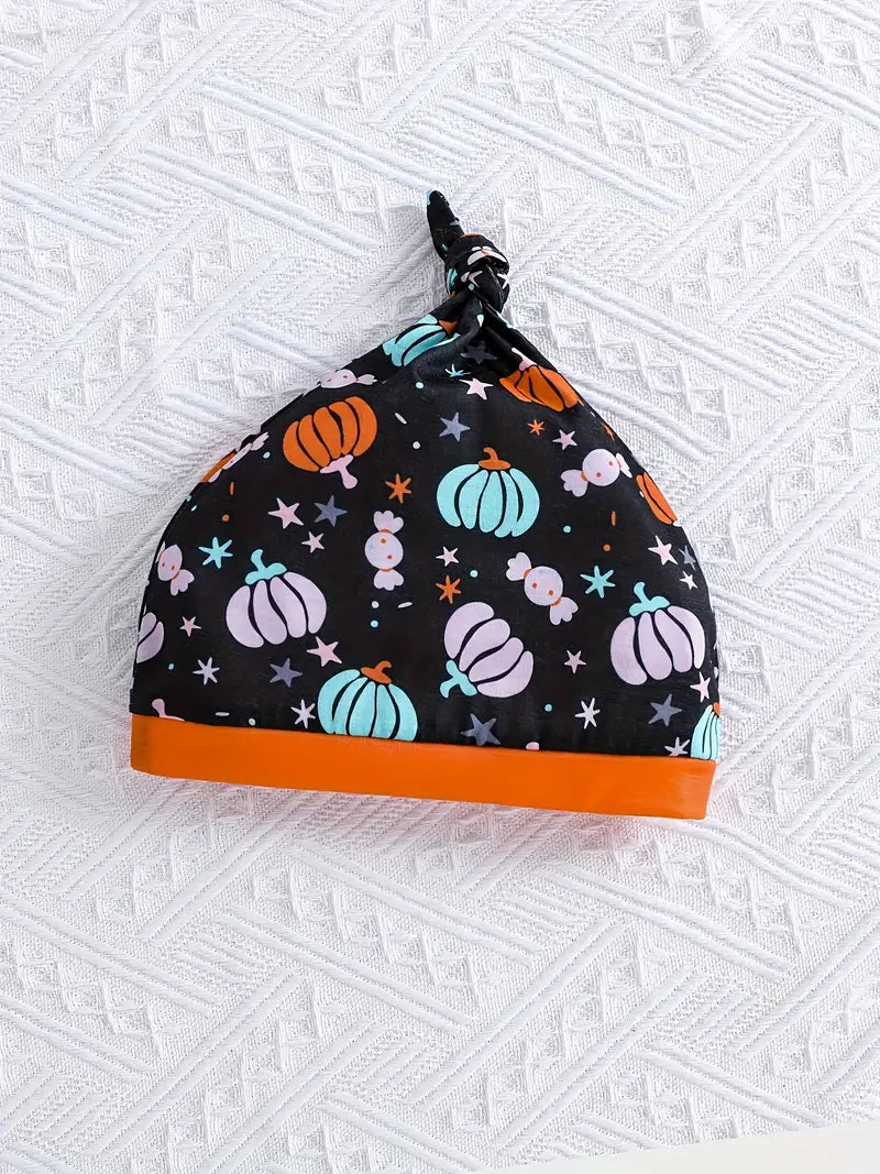 3-Piece Toddler Halloween Pumpkin Outfit – Colorful Print Long-Sleeve Onesie, Pants & Hat Set