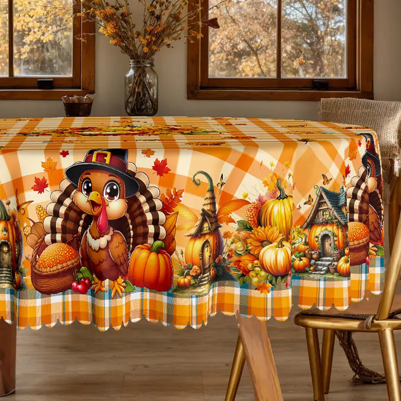 Thanksgiving Turkey & Pumpkin Floral Tablecloth – Farmhouse Fall Dining & Party Décor