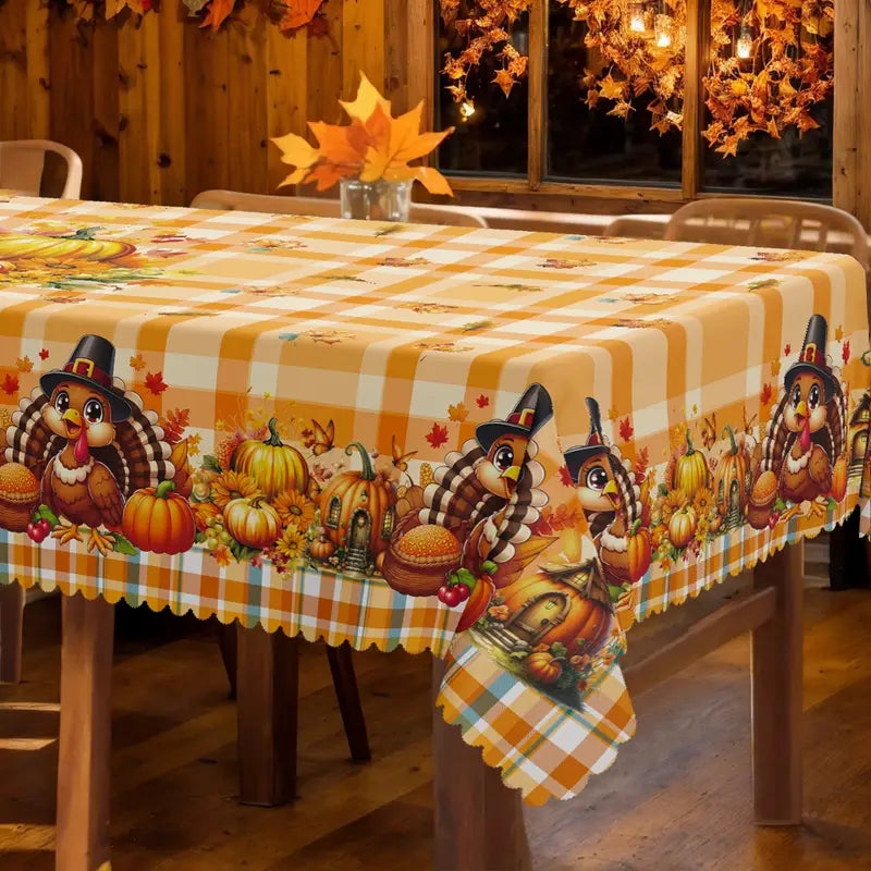 Thanksgiving Turkey & Pumpkin Floral Tablecloth – Farmhouse Fall Dining & Party Décor