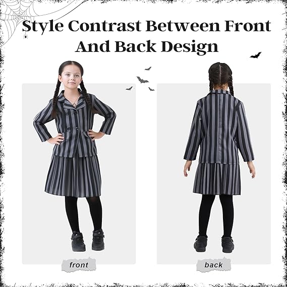 Halloween Costume Girls Addams Costume Cosplay School Uniform Dress Kid Teen Black Outfit With Necklace Socks Party Dress