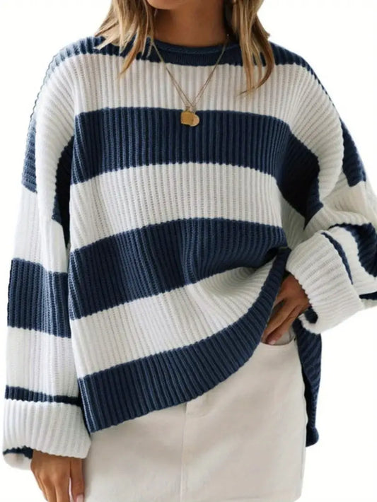 Women’s Striped Round Neck Sweater – Cozy & Versatile Wear