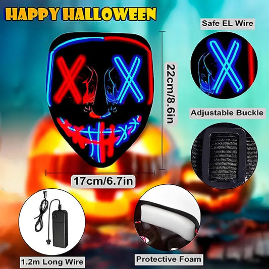 Two-Color Glow LED Full Face Mask – Halloween EL Mask for Men & Women, V Grimace Horror Graffiti Party Props, Scary Festival & Holiday Costume Accessory (Batteries Not Included)